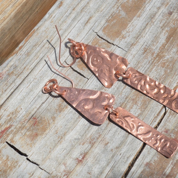 Copper Triangle Rustic Earrings Long Dangle Drop Boho Handmade Artisan Gift - Picture 6 of 7